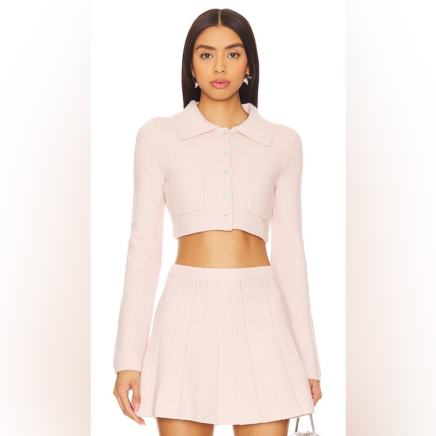 Pink Cropped Cardigan And Skirt Set